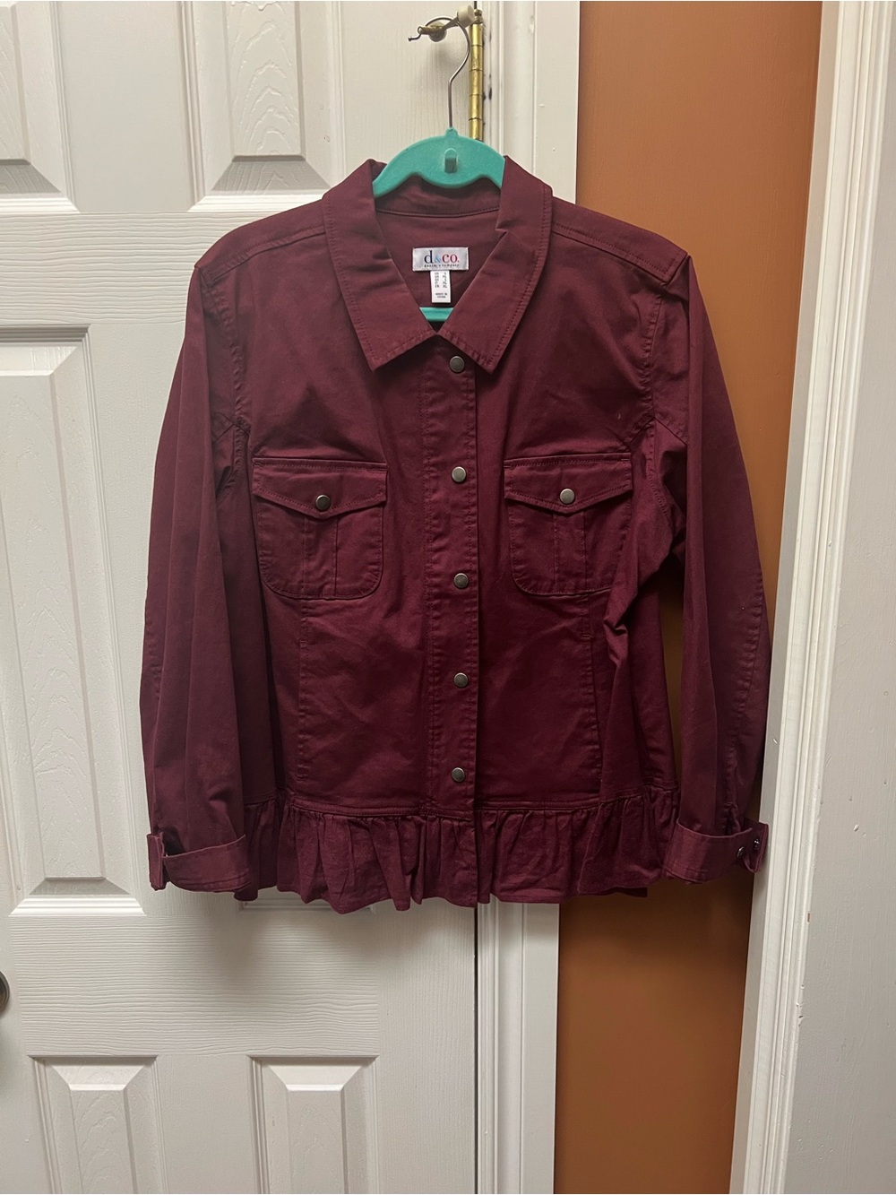 Denim&Co Burgundy Ruffle-Hem Jean Jacket